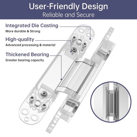 Hidden Door Hinges 6 Inch 2 Pack That Vanish In Frame Invisible Concealed Zinc Alloy 180 Degree Swing 3 Way Adjustable silver hinge set with integrated design details.