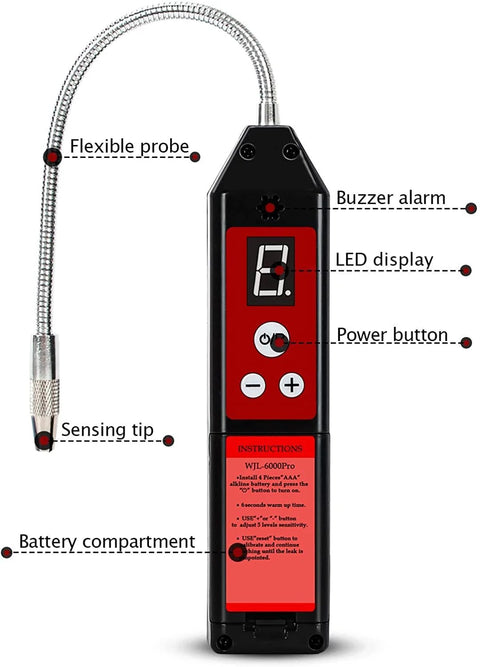 Front view of red and black WJL-6000PRO halogen leak detector, handheld with flexible metal probe and LED display