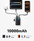 Compact 10000mAh Power Bank Featuring 45W Fast Charging Portable Charger connected to an iPhone and iPad, showcasing multiple devices.