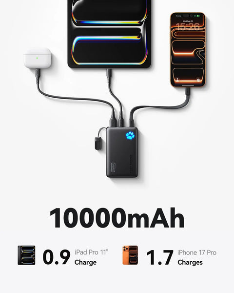 Compact 10000mAh Power Bank Featuring 45W Fast Charging Portable Charger connected to an iPhone and iPad, showcasing multiple devices.