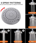 Diagram of High Pressure Rain Shower Head with 11 Inch Adjustable Arm showing 5 spray patterns and chrome finish