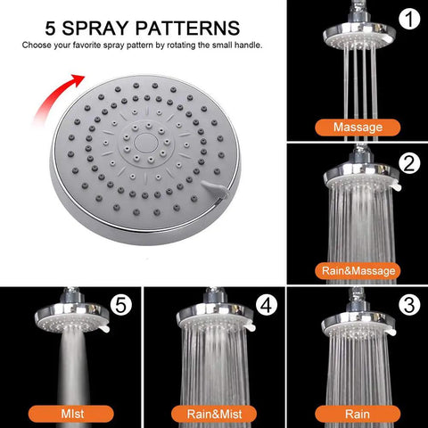 Diagram of High Pressure Rain Shower Head with 11 Inch Adjustable Arm showing 5 spray patterns and chrome finish