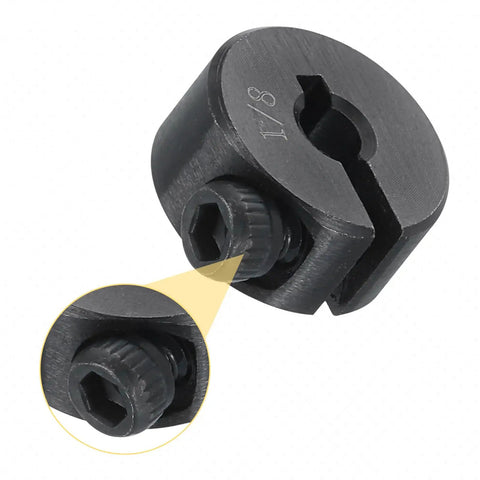 16 Piece Set Single Split Shaft Collar 1/8 Bore One Piece Clamping Collar 1/2 Outer Diameter 1/4 Inch Thick Black Oxide 45 Steel With Set Screw Lock Durable Construction, close-up