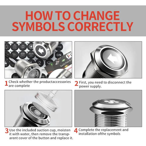 Guide for changing symbols on Two Pack 19mm Latching Push Button Switch Stainless Steel IP67 Waterproof LED Indicator.