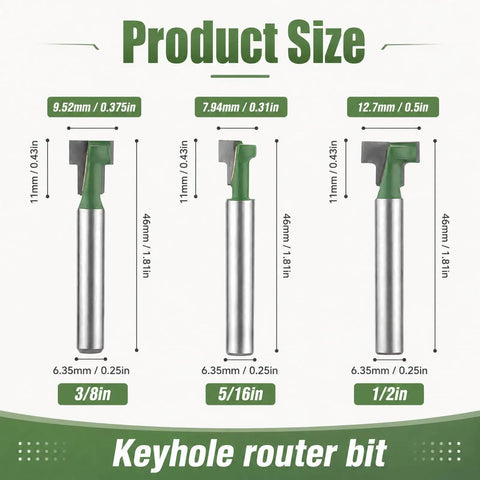 Game Changing Keyhole Router Bits Set Built Tough With Badass Tungsten Carbide Tips And Quarter Inch Shank for T Slotting with size measurements