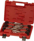 Open red case showing Axial Weld Bonding Pliers Kit Six Piece Set with unique designs for tight spaces welding.