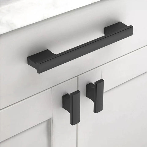 Matte Black Cabinet Knobs 10 Pack For Kitchen Cabinets And Dresser Drawers, installed on white cabinet