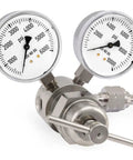 Analytical Brass High Pressure Single Stage Regulator 6000 PSI With Self Relieving Adjusting Screw And Low Torque Control Oxygen Service Cleaned Nickel Plated Body And Gauges For Precise Lab Gas Delivery, dual gauges