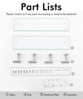 Part list of Two Pack 20 Inch Tempered Glass Floating Shelves With Rustproof Stainless Steel Brackets Wall Mounted Brushed Finish.
