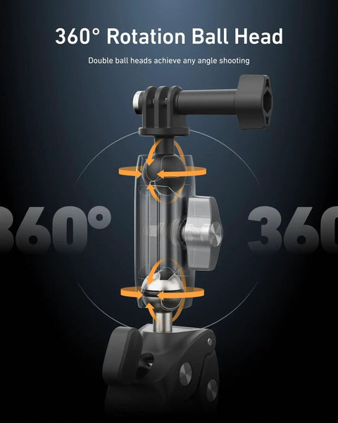 Super Clamp Camera Mount With 360 Dual Ball Head For Bike Handlebar Mounts showing rotation angles
