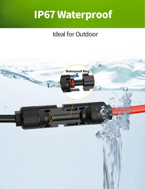 IP67 waterproof connector on 7 In 1 Solar Panel Adapter Kit With 3.6 Foot MC4 And DC 8mm Cable, ideal for outdoor use.