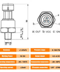 Technical diagram of Beefy 100 Psi Stainless Steel Pressure Transducer Sensor With Connector Harness, 1/8 inch NPT thread.