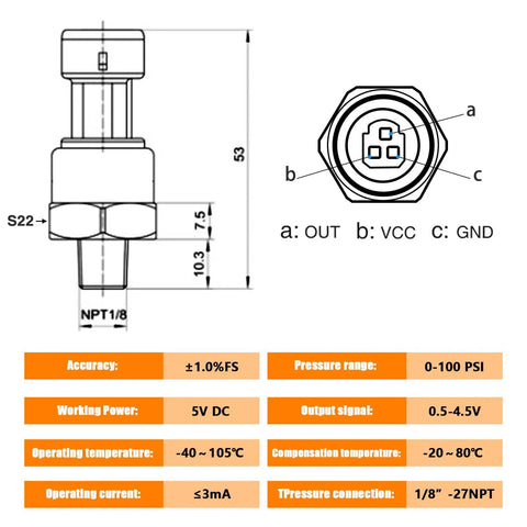 Technical diagram of Beefy 100 Psi Stainless Steel Pressure Transducer Sensor With Connector Harness, 1/8 inch NPT thread.