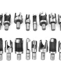 Set of eight high carbon steel wood plug cutters and dowel maker tool fits bench drills and electric drills