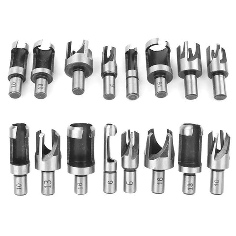 Set of eight high carbon steel wood plug cutters and dowel maker tool fits bench drills and electric drills