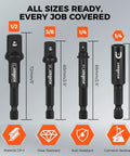 Seven Piece Clutch Impact Socket Adapters And Magnetic Bit Holder Set With Quarter Inch Hex Shank Adapts To Half Third Eighth Drives For Power Drill includes various size adapters.
