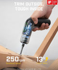 Hand using Cordless Electric Screwdriver With 7 Torque Settings Adjustable 0.5 To 6 Nm for wood assembly at 250 RPM