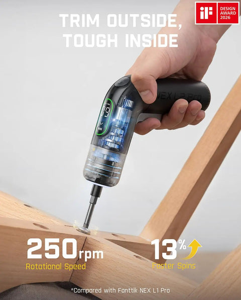Hand using Cordless Electric Screwdriver With 7 Torque Settings Adjustable 0.5 To 6 Nm for wood assembly at 250 RPM