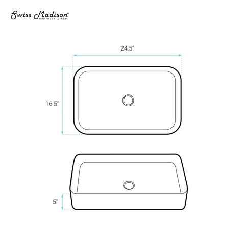 Dimension diagram of 24 Inch Rectangle Ceramic Vessel Sink for Above Counter Install, Slick Modern Look, Scratch Resistant Non Porous Ceramic, Durable Bathroom Vanity Fixture, Faucet Not Included, Easy Clean
