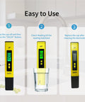 Pocket Size PH Meter Pen For Water Testing, High Accuracy 0.01, 0-14 Range, steps for use, yellow with digital display