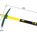 15 Inch Pick Mattock Hoe With Forged Steel Head And Fiberglass Handle, yellow and black design, shown with dimensions