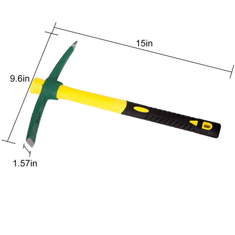 15 Inch Pick Mattock Hoe With Forged Steel Head And Fiberglass Handle, yellow and black design, shown with dimensions