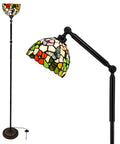 Tiffany Style Floor Lamp With Swivel Arm 72 Inch Tall Stained Glass Reading Light Antique Bronze Base Butterfly Flowers Shade 8 Inch
