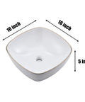 Modern Square 16 By 16 White Porcelain Vessel Sink With Gold Trim For Lavatory Vanity Cabinet, Ceramic Art Basin, top view with dimensions