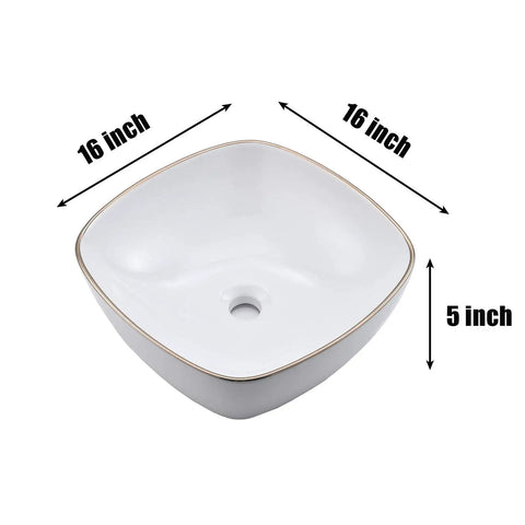 Modern Square 16 By 16 White Porcelain Vessel Sink With Gold Trim For Lavatory Vanity Cabinet, Ceramic Art Basin, top view with dimensions