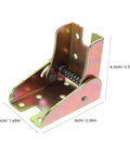 4 Sets 90 Degree Self Closing Folding Table Leg Hinges with gold finish, showing dimensions of durable heavy-duty metal hinge.
