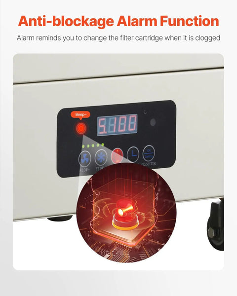 Heavy Duty Solder Fume Extractor Delivering Beast Mode Suction Power With Four Stage Filtration And Wireless Remote Control control panel showing anti-blockage alarm.