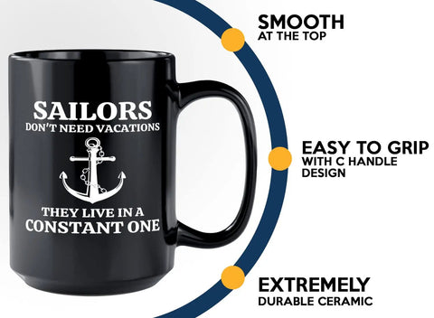 15oz Black Sailor Coffee Mug For Boaters And Boat Captains, Funny Lake Gift That Says Sailors Dont Need Sleep, Durable Glass Cup