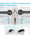 Straight Up Secure Fingerprint Smart Lock For Front Door showing left and right-handed door compatibility and emergency power supply.