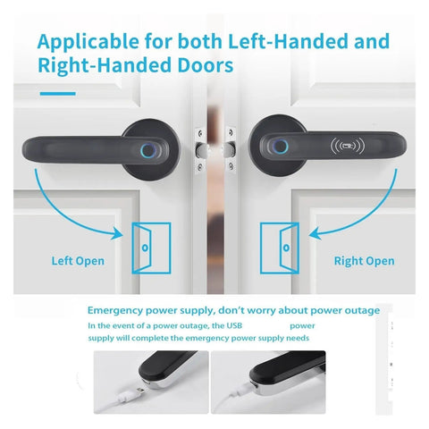 Straight Up Secure Fingerprint Smart Lock For Front Door showing left and right-handed door compatibility and emergency power supply.