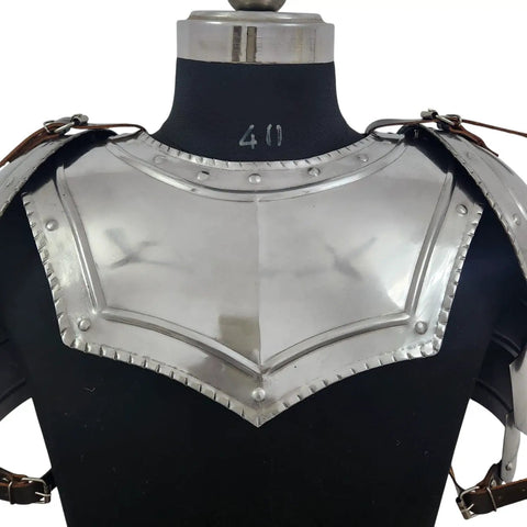 Front view of Medieval Steel Gorget With Pauldrons And Vambrace Set Adjustable Gothic Knight Armor Neck Guard for LARP Cosplay SCA Reenactment.