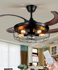 42 Inch Ceiling Fan With Lights Remote Control And Retractable Blades In Vintage Industrial Cage Black Finish Dope Quiet Copper Motor Four Blades For Strong Airflow Edison Bulbs Not Included Living Room Bedroom