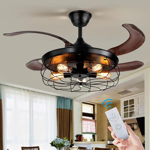 42 Inch Ceiling Fan With Lights Remote Control And Retractable Blades In Vintage Industrial Cage Black Finish Dope Quiet Copper Motor Four Blades For Strong Airflow Edison Bulbs Not Included Living Room Bedroom