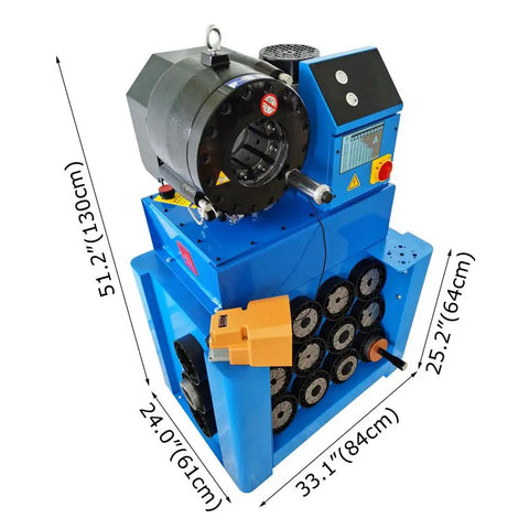 Top Shelf Heavy Duty Electric Hydraulic Hose Crimper With Precision Micrometer Scale And Thirteen Die Sets for crimping fittings.