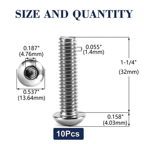 Ironclad 5/16-18 X 1-1/4 Inch Button Head Socket Cap Bolts dimensions with measurements listed for 10 pack of stainless steel fasteners.