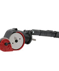Close-up of TurboShear TSPC1 Rotary Panel Cutter Drill Attachment with dual cutting wheels for metal and vinyl panels.