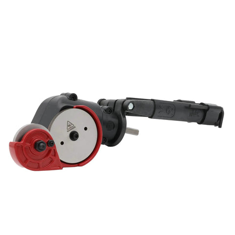 Close-up of TurboShear TSPC1 Rotary Panel Cutter Drill Attachment with dual cutting wheels for metal and vinyl panels.
