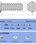 Diagram and specifications of 1/4-20 hex bolt showing size measurements for Beefed-Up 1/4x1-1/2 Inch Hex Bolts Kit With 20 Nuts, 20 Flat Washers, And 20 Spring Washers In 304 Stainless Steel SAE Right Hand Threads, 1-1/2 Inch Long, All-In-One Hardware Pack For DIY Projects And Auto Repairs.