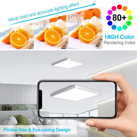 Hand holding phone showing 12 Inch LED Ceiling Light Flush Mount 24W 5000K Daylight White 3200LM Bright Square LED Ceiling Light