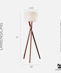 63" floor lamp with walnut tripod base and white linen drum shade for bedside, home office or living room decor.