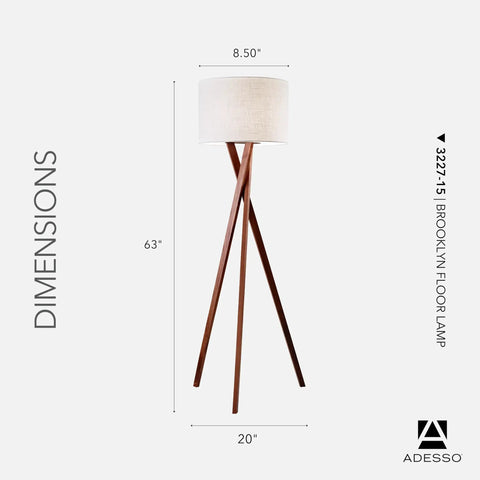 63" floor lamp with walnut tripod base and white linen drum shade for bedside, home office or living room decor.