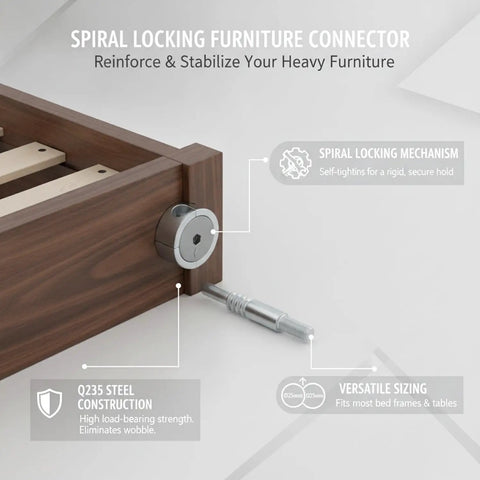 Spiral Locking Furniture Connector built with tough Q235 steel shown on wooden bed frame for tight, stable connection.