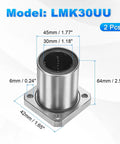 Top Tier LMK30UU Linear Ball Bearings 30MM Bore 45MM OD 2 Pack Flange Bushing with dimensions for CNC and 3D printers.