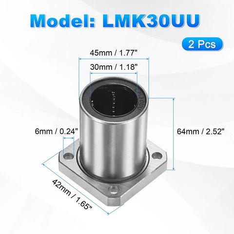 Top Tier LMK30UU Linear Ball Bearings 30MM Bore 45MM OD 2 Pack Flange Bushing with dimensions for CNC and 3D printers.