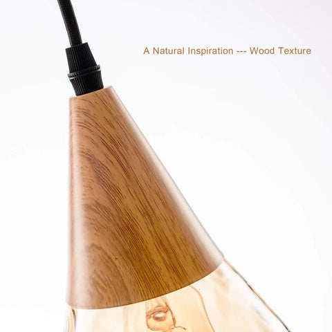 Close-up of wood texture on Three Pack Teardrop Glass Pendant Lights with Adjustable Nylon Core Cables Contemporary Ceiling Fixtures