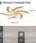 Product dimensions and features of Cool Ceiling Fan With Lights LED Flower Shape Flush Mount Low Profile Lamp Remote Control 3 Color Dimmable 6 Speeds 27 Inch Smart Timing Modern Bedroom Ceiling Light Fan.